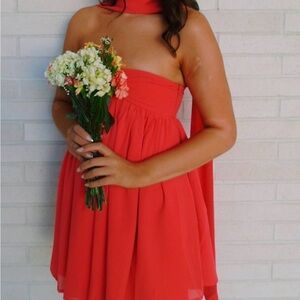 Pepper mayo Strapless orange Chiffon Mini Dress with Scarf Detail